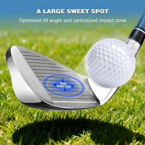 Single 7 Iron Golf Club For Men Right Handed Forgiving Design With Graphite Shaft, showing sweet spot and golf ball impact.