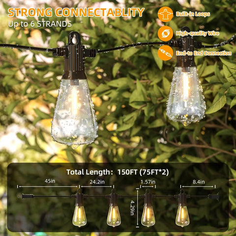 Outdoor LED String Lights 150 Ft Waterproof Patio Lights with 75 Shatterproof Edison Bulbs, 2700K Warm White hanging outdoors