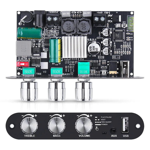 Front view of Bluetooth 5.3 Mono Amplifier Board With TWS Boost For Home And Outdoor DIY Speaker Builds, 100W Output, Treble And Bass Control, USB Aux And Bluetooth Input, DC 9 To 24V Compatible, A Compact Mini Amp For Projects And Stereo Pairs