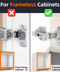 Comparison image showing Four Pack Full Overlay European Soft Close Cabinet Hinges For Kitchen Cabinets With Silent Damper for frameless cabinets.