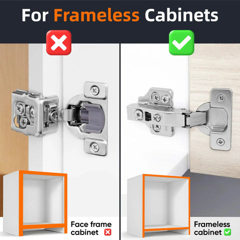 Comparison image showing Four Pack Full Overlay European Soft Close Cabinet Hinges For Kitchen Cabinets With Silent Damper for frameless cabinets.