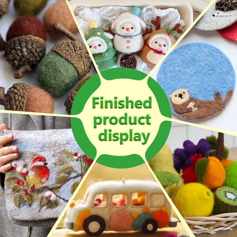 Collage of wool projects including animals, decor, and felted figures made with Ultimate Needle Felting Tool Kit For DIY Wool Projects.
