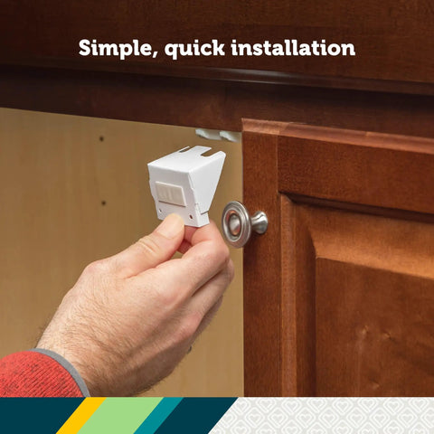 Bulletproof Spring Loaded Cabinet And Drawer Latches 10 Pack White Baby Proofing Essentials for Sneaky Toddlers being installed on a cabinet.