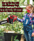 Child using the Realistic Toddler Garden Tool Set With Toy Leaf Blower Chainsaw And Lawn Mower Plus Safety Goggles Mask And Earmuffs