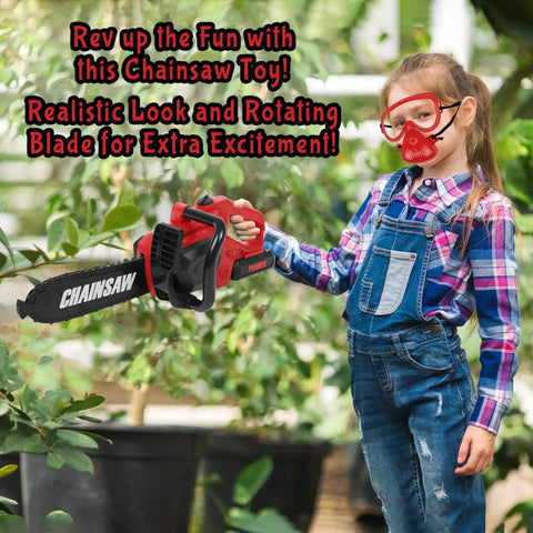 Child using the Realistic Toddler Garden Tool Set With Toy Leaf Blower Chainsaw And Lawn Mower Plus Safety Goggles Mask And Earmuffs