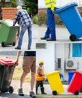 Haul Heavy Bins Like A Boss Without Breaking A Sweat Using This Tough Trash Wheel Replacement Kit Featuring Seven Inch Rubber Garbage Tires 18.8 Hollow Shaft And Quick Axle Swap For Smooth Outdoor Cart Mobility, showing various trash bins and users.