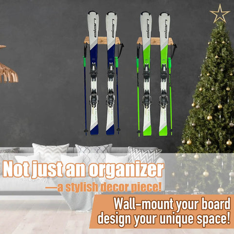 Kickass Oakwood Ski Rack With 3 Hooks Wall Mount Storage For Skis Snowboards Longboards Damage Free Scratch Safe Heavy Duty Garage Home Display Rack For Rider Shred Gear Epic Minimalist Vibe with colorful skis mounted on a wall.