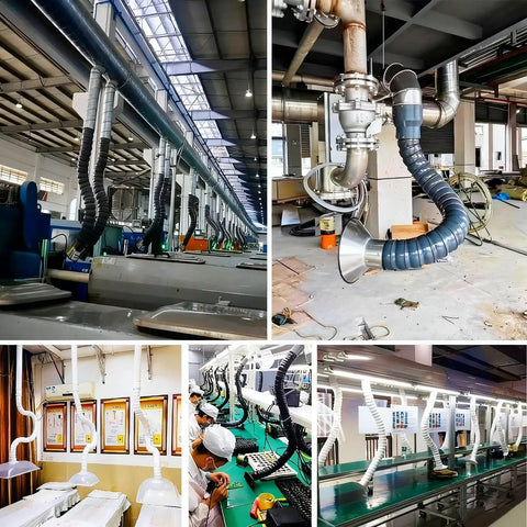 Heavy Duty Flexible Fume Extraction Duct Featuring A Swivel Hood And Quick Release Clamps For Knockout Shop Dust Control And Welding Ventilation Setup in industrial workspace.