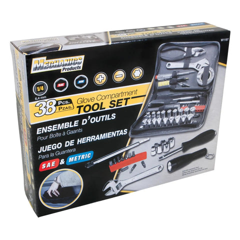 Box of 38 Piece Compact Car Tool Kit With Zipper Case Emergency Trunk Kit Featuring SAE And Metric Tools For Quick Fixes On The Go