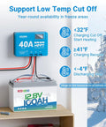 Bad Boy 12V 100Ah Lithium Iron Phosphate Battery Featuring Auto Heating Thermal BMS And Integrated 20A Smart Charger in snowy environment.