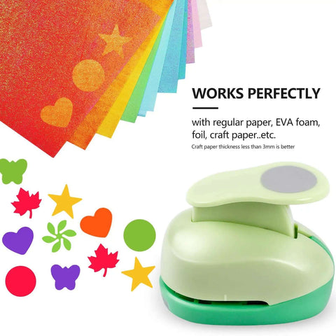 Image of Six Shape 1 Inch Craft Hole Punch Set with heart, circle, star, butterfly, maple leaf, and flower punch designs on colorful paper.
