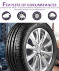 Four Pack Universal Snap In Wheel Center Hub Caps In Matte Silver Sheen Heavy Duty Polymer Shell on a tire hub.