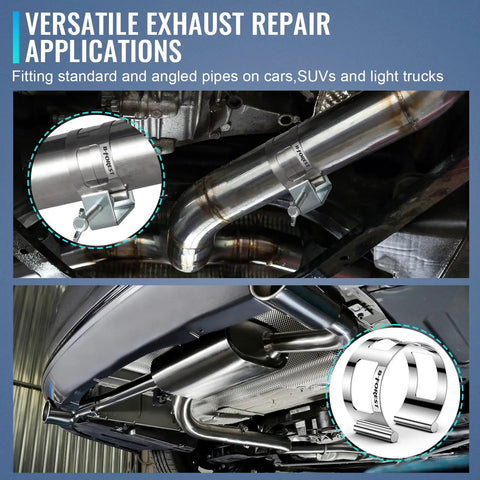 Dual Size Clamp On Set With 2.5 Inch And 3 Inch Universal Welding Clamps For Exhaust Pipe Repair And Fabrication, installed on vehicle exhaust pipes