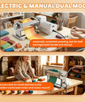Pro Electric Polymer Clay Press Machine With 9 Thickness Settings And Dual Manual Or Power Modes in use, showing electric and manual modes.