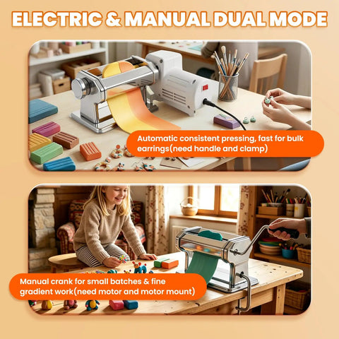 Pro Electric Polymer Clay Press Machine With 9 Thickness Settings And Dual Manual Or Power Modes in use, showing electric and manual modes.