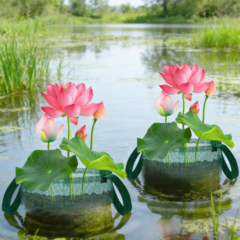 Mesh Net Planter For Ponds And Aquariums holding pink lotus flowers in a natural pond environment