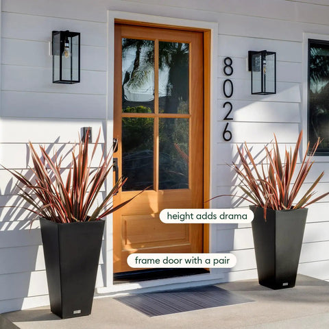 Indoor Outdoor Taper Planter Set Of 2 Dope 30 Inch Black Plastic Resin Planters For Patios Entrances And Railings at doorway