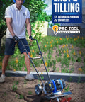 Man using Power Packed 53cc Garden Tiller With 15 Inch Cultivator Width Liftable Booster Rod in a field.