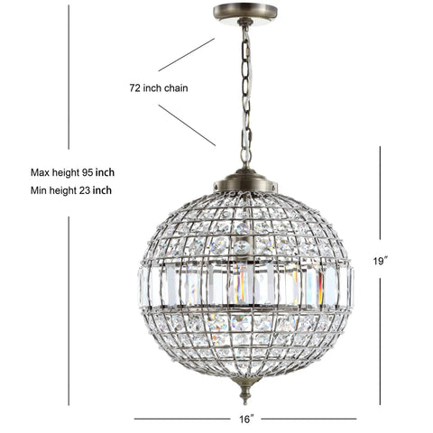Antique Brass Crystal LED Pendant Light With Clear Glam Globe Shade, 16 inch chandelier with adjustable 72 inch chain.
