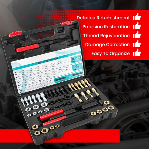 Pro Grade 49 Piece Thread Chaser Set With 22 Taps, 24 Dies, And 3 Thread Files For Metric And SAE displayed in open case
