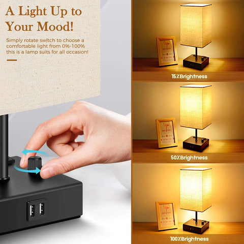 Fully Dimmable USB Bedside Lamps Set of 2 With Dual USB Ports and 2 AC Outlets in different brightness settings