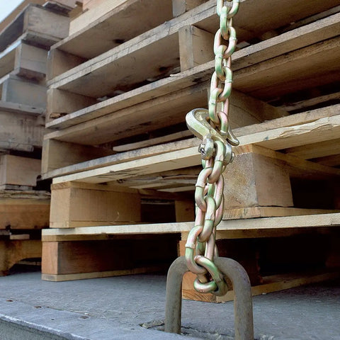 Grade 70 Binder Chain With Clevis Grab Hooks, 3/8 Inch By 20 Foot, Heavy Duty Tie Down Chain securing wooden pallets
