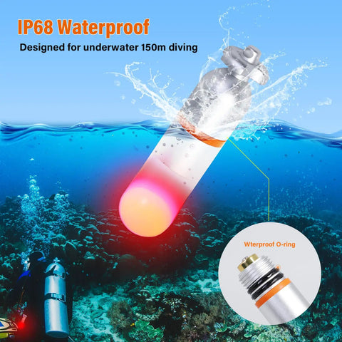 Upgraded Dive Signal Light Bright Red Submersible Mini Tank Marker Beacon underwater demonstration with IP68 waterproof rating.
