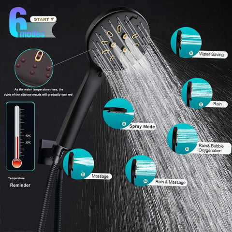 10 Inch High Pressure Rain Shower Head With 6 Settings And Handheld Combo, Epic 78 Inch Hose, black shower modes display