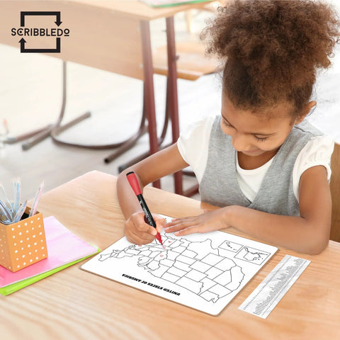Child using United States Map Dry Erase Whiteboard for Classroom 11x14 Kid Friendly Travel USA Learning Tool, Geography Practice