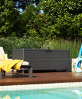 281 Gallon Outdoor Storage Box With Wheels For Easy Mobility And Soft Close Lid Waterproof Metal Deck Box near pool