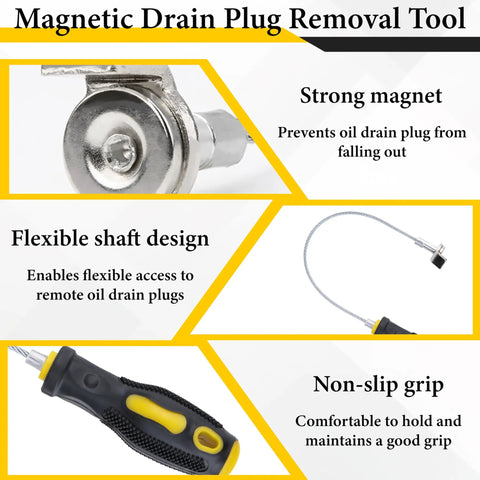 Pro Grade Heavy Duty Magnetic Oil Drain Plug Remover Tool with flexible shaft and strong magnet details