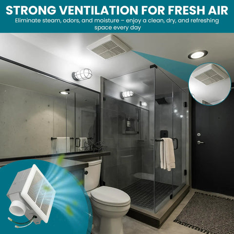 Ultra Quiet 70 CFM Bathroom Exhaust Fan With 2 Sone Noise, 40 dB in modern bathroom installed on ceiling