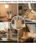 Crystal Pen Holder For Desk With Gold And Silver Metal Base, Sleek Modern Office Organizer For Women in various home settings