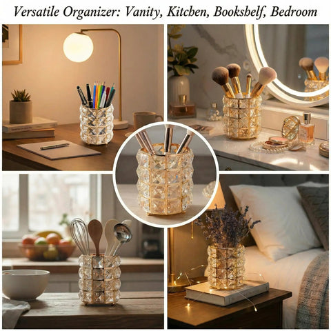 Crystal Pen Holder For Desk With Gold And Silver Metal Base, Sleek Modern Office Organizer For Women in various home settings