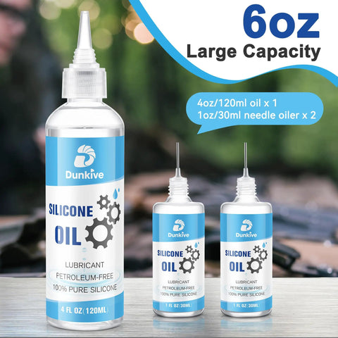 Silicone Airsoft Lubricant With Needle Oiler 6 oz showcased with bottles and precise applicators