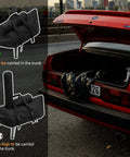 Car trunk with waterproof carry cover for Ooni Karu 12 and Karu 2 pizza ovens, showing chimney bag and bottom straps for easy storage.
