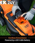 Inserting battery into Cordless 13-Inch Lawn Mower With 24V Max Power, Two 4.0Ah Batteries And Charger