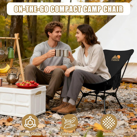 Couple enjoying outdoor setup with Ultralight Backpacking Camping Chair With Cup Holder And Storage Bag, Deep Black, Compact