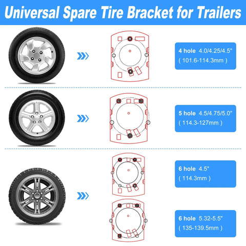 Universal Spare Tire Bracket for Trailers with 4, 5, 6 lug patterns, compatible with heavy duty trailer spare tire mount bracket