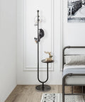 Freestanding Coat Rack With Table And Six Hooks, Corner Coat Tree With Built Tough Marble Base, Bedroom Use, 68 Inch Tall, Black