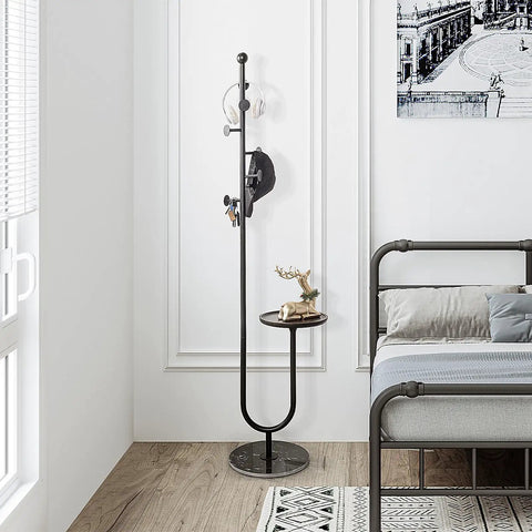 Freestanding Coat Rack With Table And Six Hooks, Corner Coat Tree With Built Tough Marble Base, Bedroom Use, 68 Inch Tall, Black