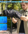 Man using All Weather Pro Camera Rain Cover for DSLR and Mirrorless Cameras with Lens Protection Waterproof Shield outdoors.