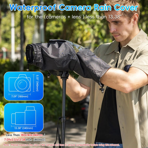 Man using All Weather Pro Camera Rain Cover for DSLR and Mirrorless Cameras with Lens Protection Waterproof Shield outdoors.