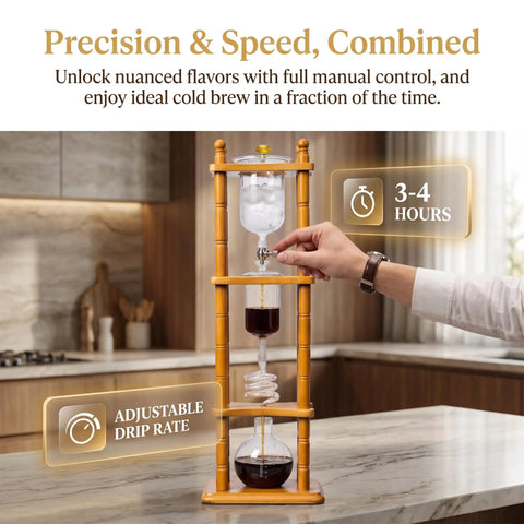 720 Milliliter Cold Brew Coffee Tower With Adjustable Valve Makes Five To Seven Cups Delivers Fast Ice Drip Brewing In Three To Four Hours For Killer Smooth Flavor And Straight Up Cafe Vibes with wooden stand in kitchen