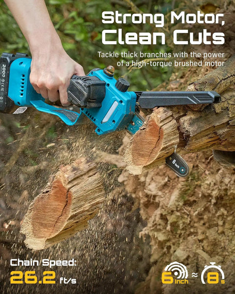 Go Higher Faster With This Slick Two In One Cordless Pole Saw That Transforms From Handheld Chainsaw To High Reach Tree Trimmer For Quick Pruning Effortless Branch Cutting And Zero Sweat Yard Work, cutting through a thick branch.