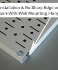 Close-up of Heavy Duty White Steel Pegboard Panels Set Two 32 By 16 Inch For Garage And Home Shop Organization Built Tough Metal Pegboard Wall Mount System showing edge design