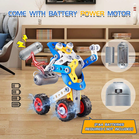 Cool Five In One STEM Building Kit With Electric Motor For Kids Aged Six To Twelve Hands On Construction Toys For Boys And Girls 113 Pieces DIY Educational Toy Set For Future Engineers, battery motor detail