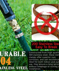 Close-up of 304 stainless steel hose clamp in use for 560 Piece Single Ear Hose Clamps Kit Pro Grade with text comparison to 200 steel