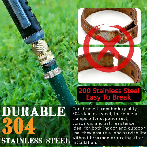 Close-up of 304 stainless steel hose clamp in use for 560 Piece Single Ear Hose Clamps Kit Pro Grade with text comparison to 200 steel