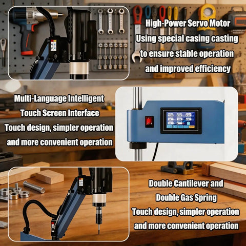 Slick Flexible Arm Servo Tapping Machine With 600 Watt Motor And 360 Rotation Offers Variable Speed Up To 312 RPM For M3 To M16 Threading showcasing the high-power servo motor and touch screen interface.
